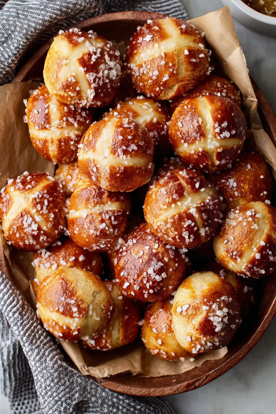Tray of golden pretzel bites cooling on parchment