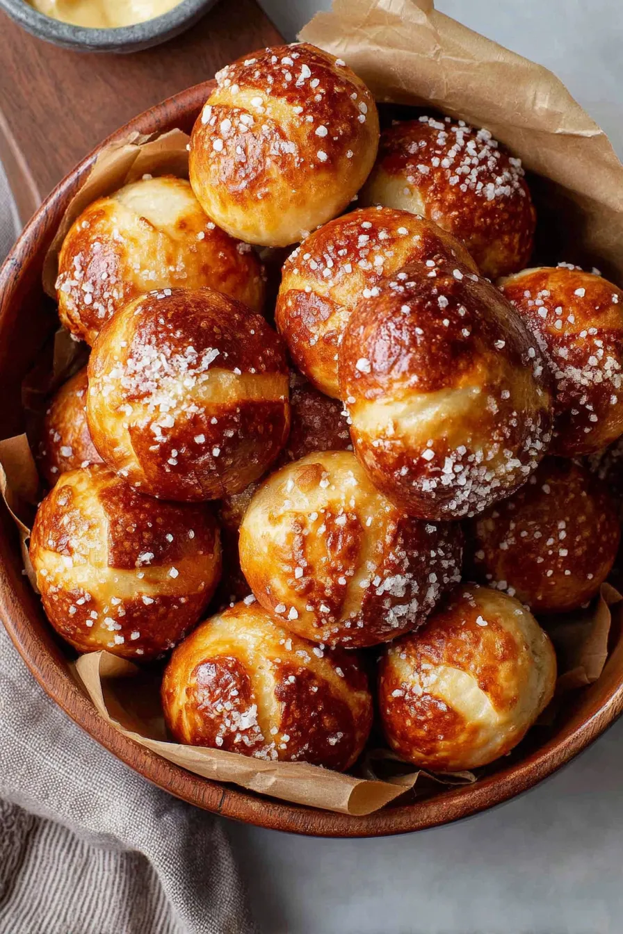 Small bowls of mustard and cheese dip beside pretzel bites