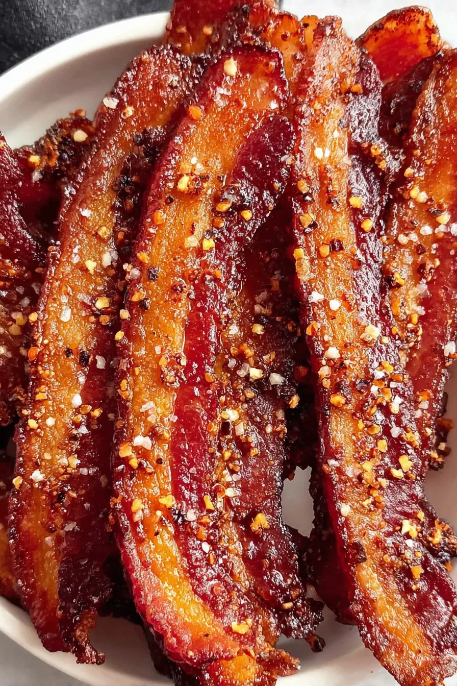 Thick-cut candied bacon strips cooling on a rack with glossy caramelized sugar