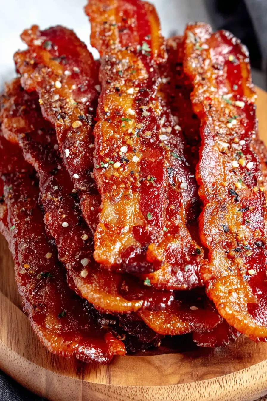 Plated candied bacon as a party snack with garnish