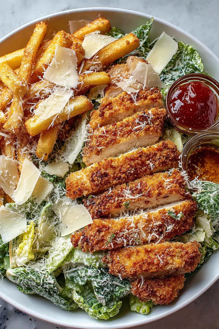 Crispy chicken and salad on plate