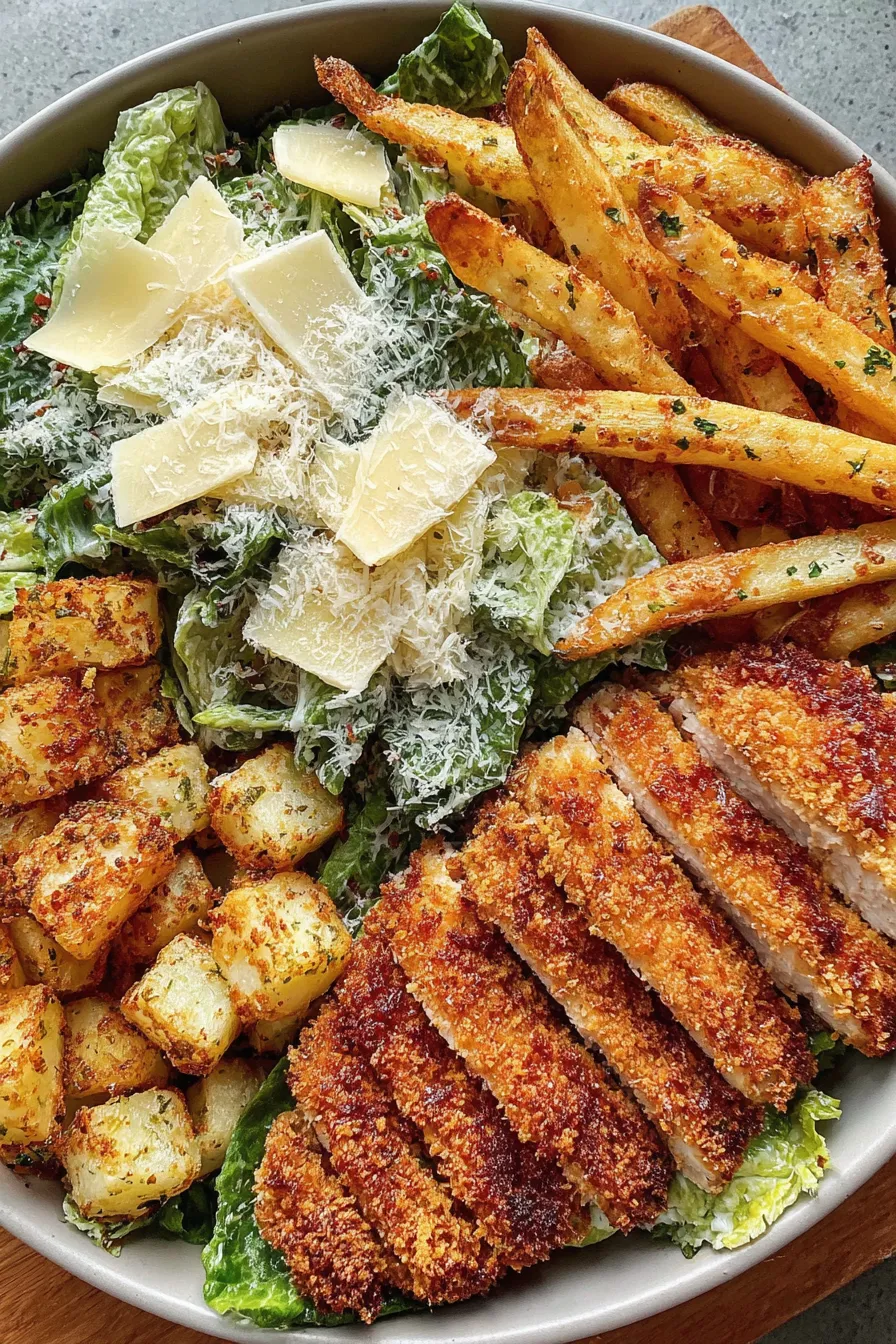 Plated salad with fries and dressing