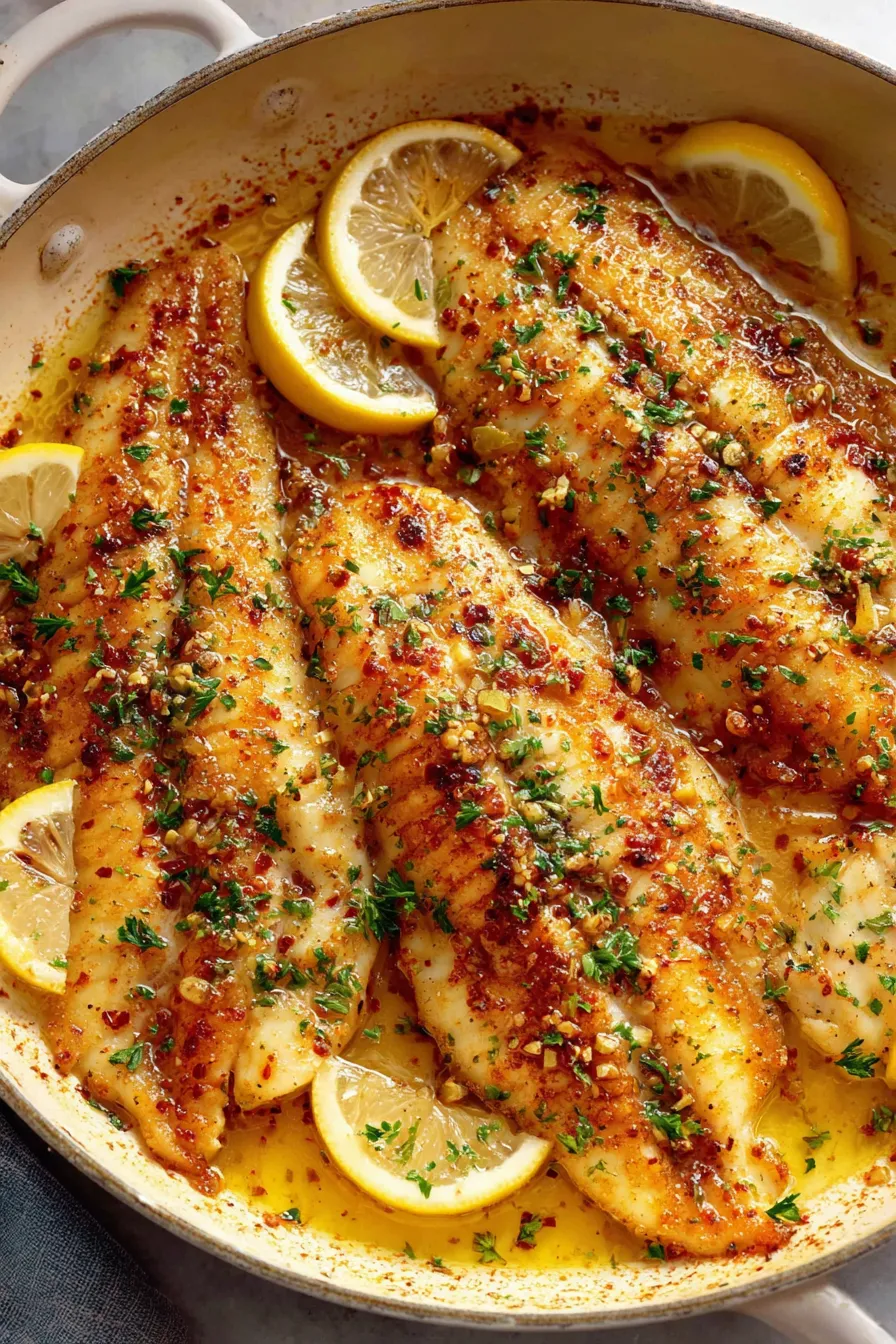 Tilapia fillets in lemon garlic butter before baking