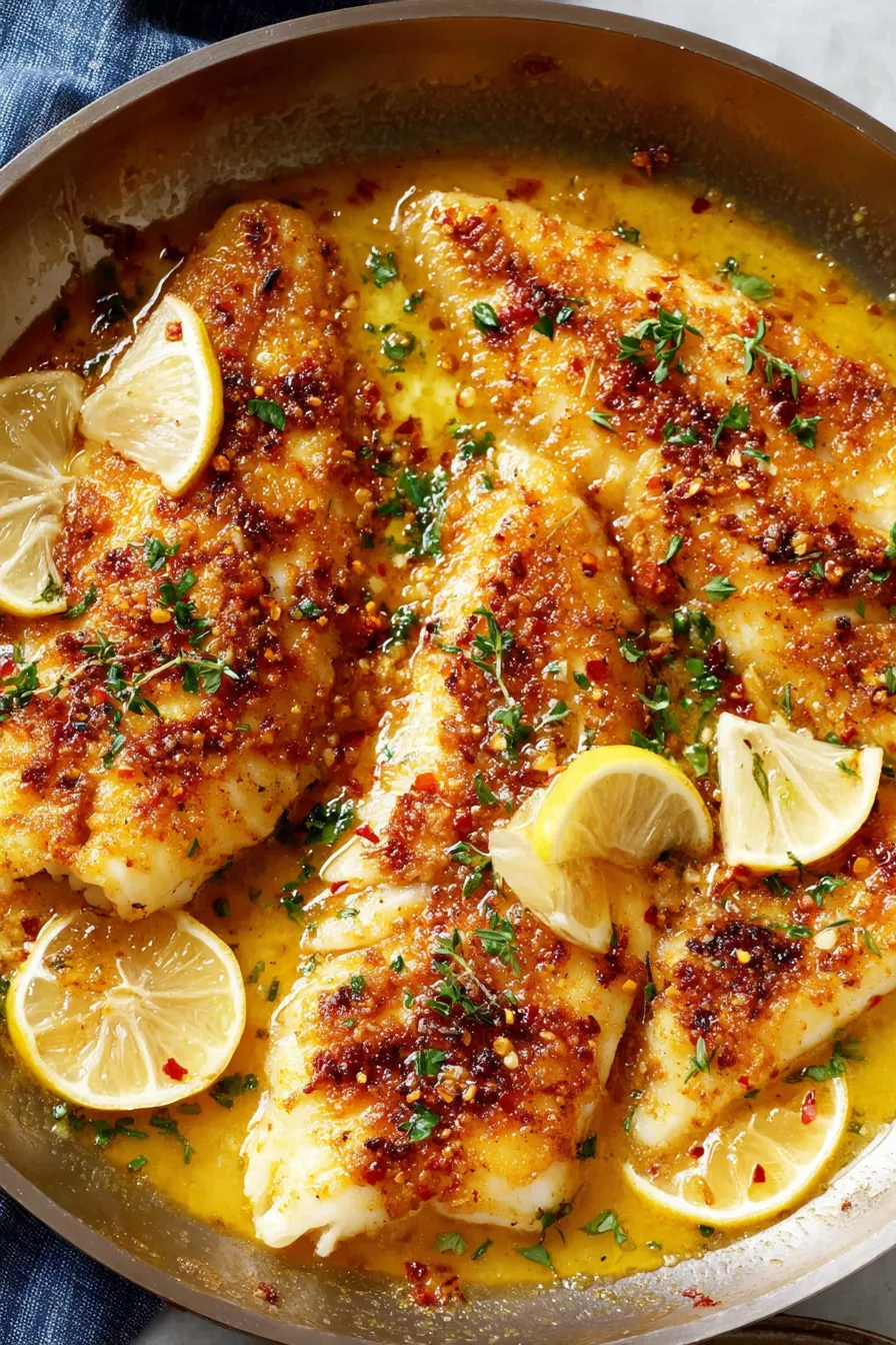 Close up of a baked tilapia fillet with parsley garnish