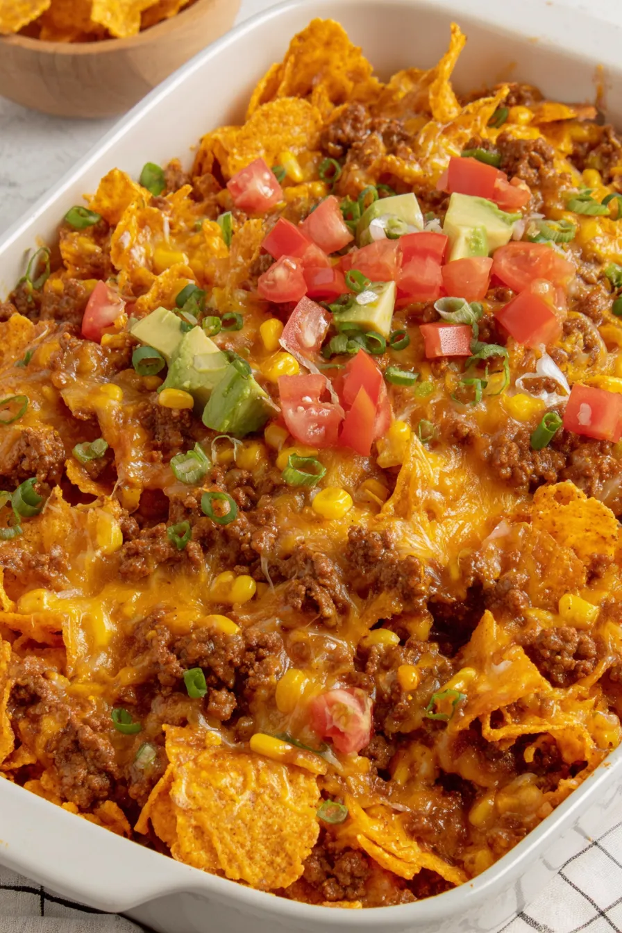 Baked Doritos taco casserole in a casserole dish