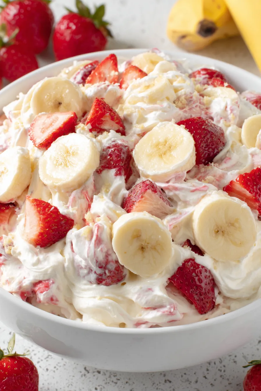 Creamy strawberry banana salad in a bowl with fresh fruit on top