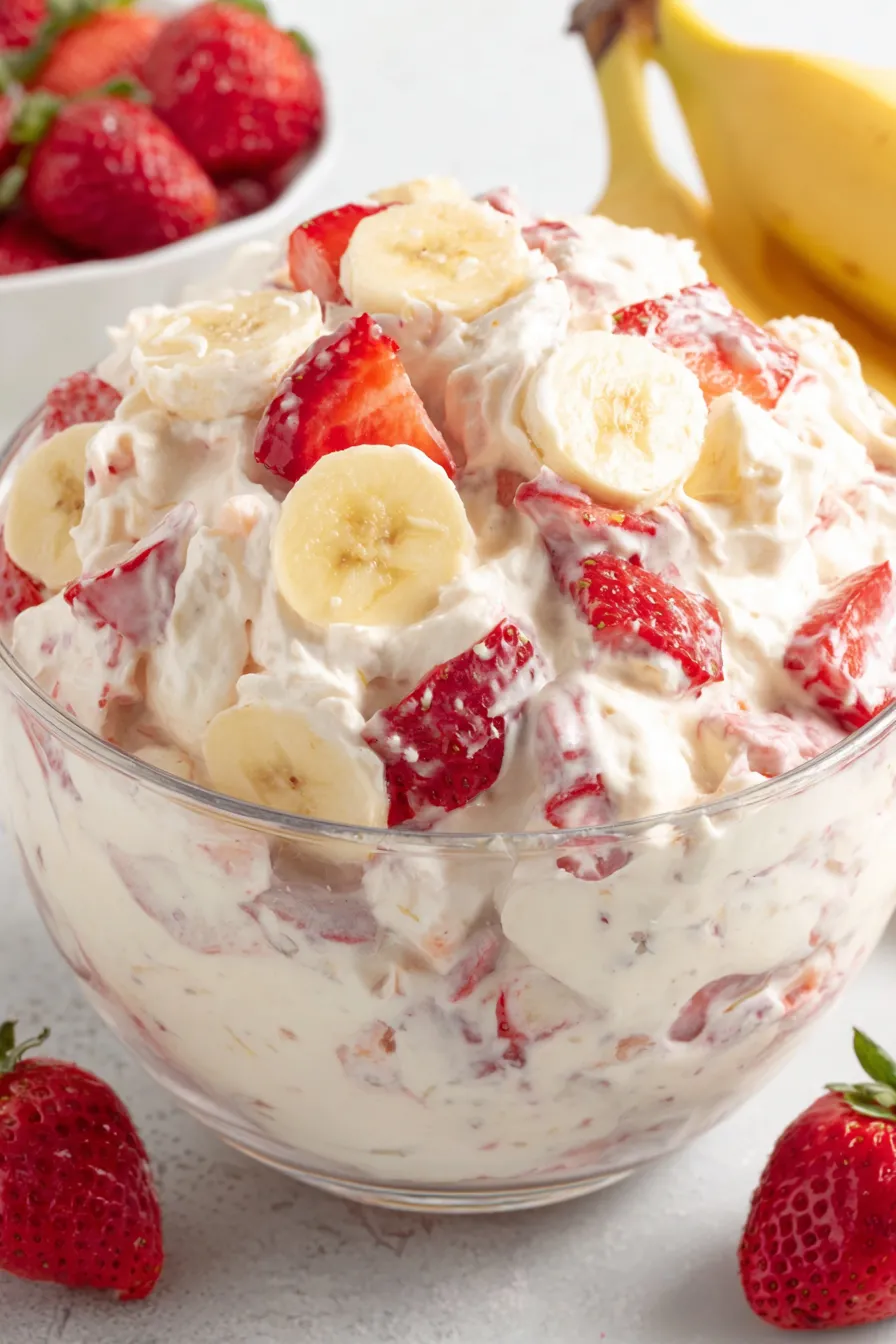 Spoonful of strawberry banana cheesecake salad showing creamy texture and fruit