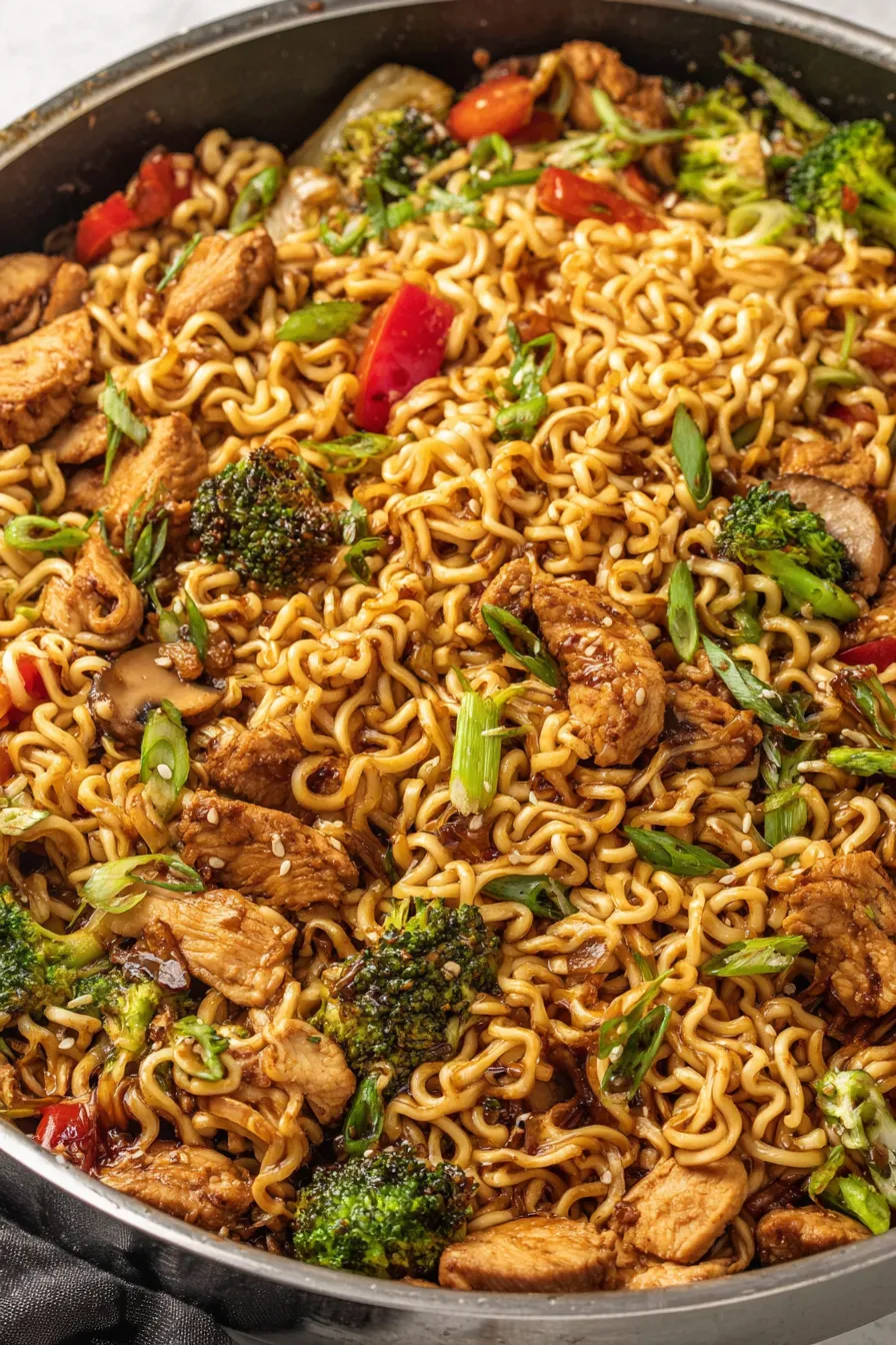 Chicken ramen stir fry in skillet with vegetables