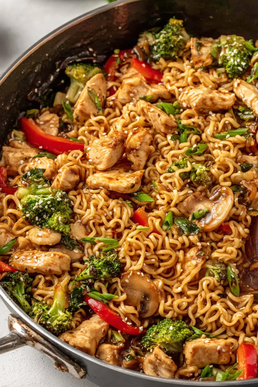 Served chicken ramen stir fry on ceramic bowl