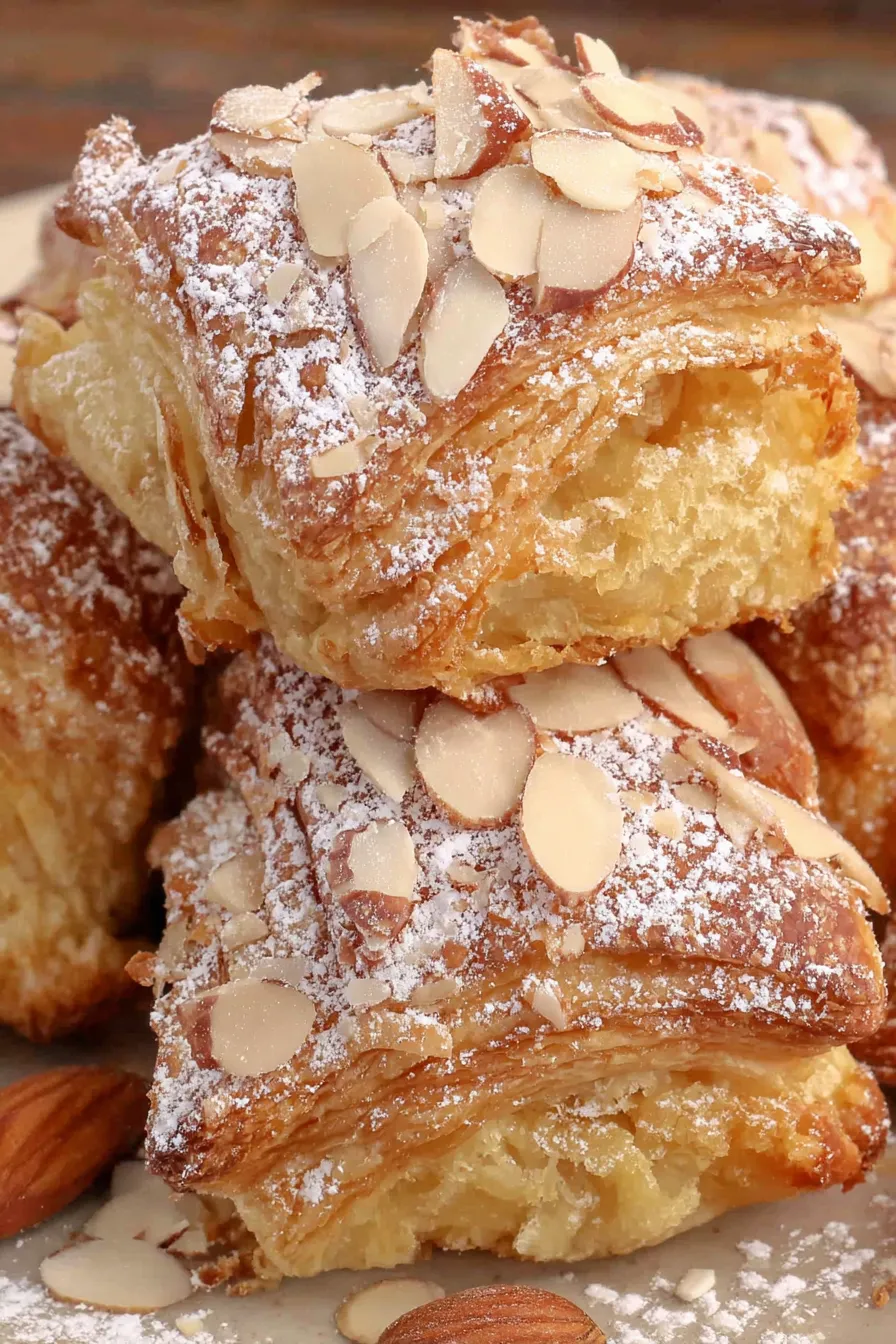 Close-up of almond-filled croissant bites with sliced almonds