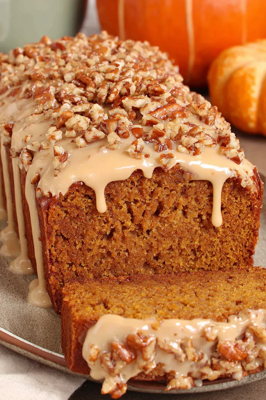 Maple pumpkin loaf in a loaf pan with a slice cut