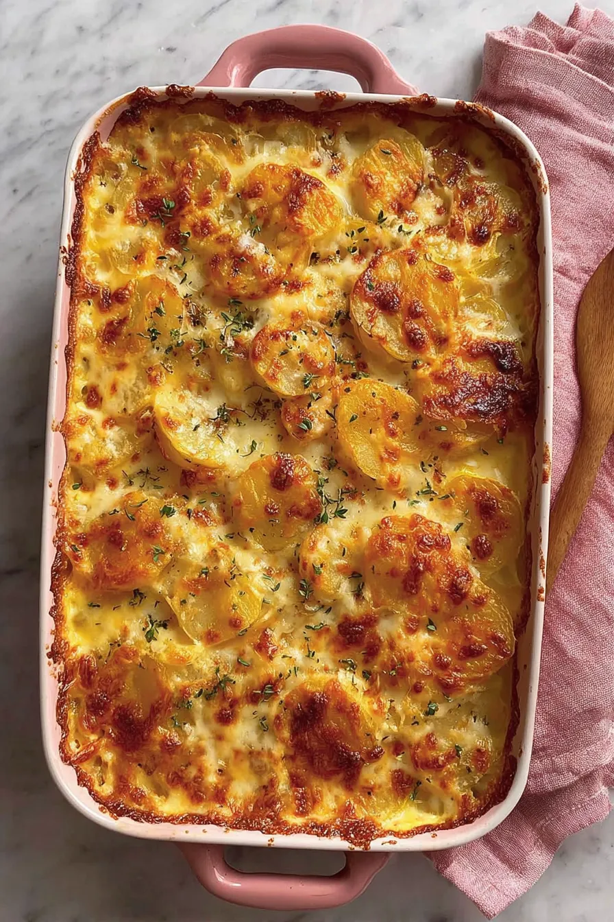 Sliced creamy potato bake served on a plate