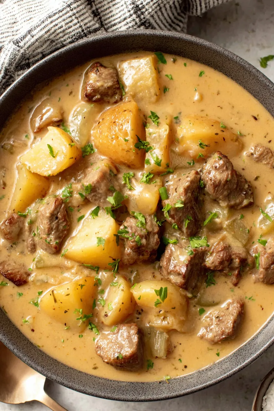 Bowl of creamy steak and potato soup with cheddar