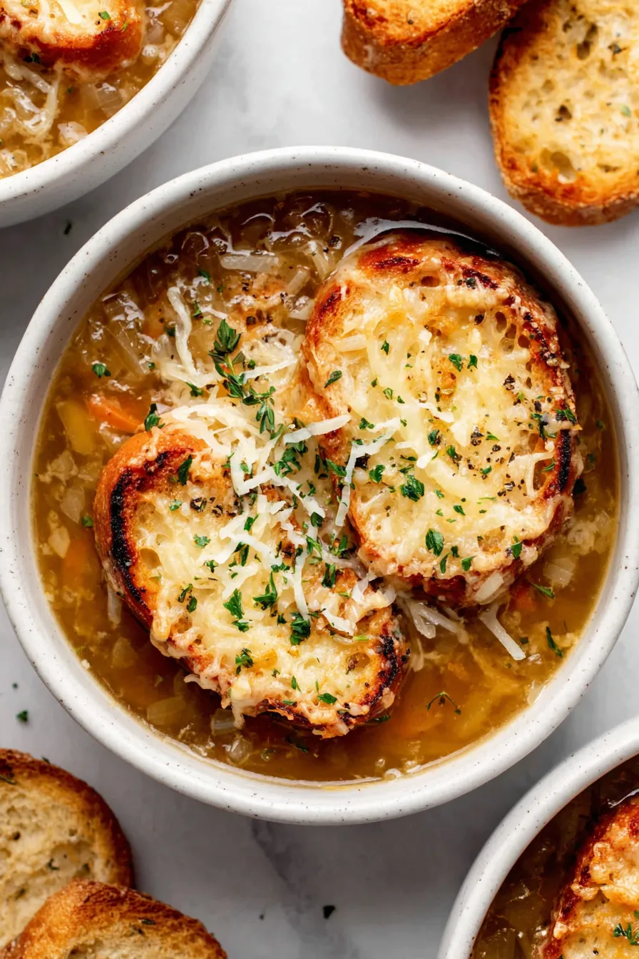 Bowls of French onion chicken soup with cheesy toasts