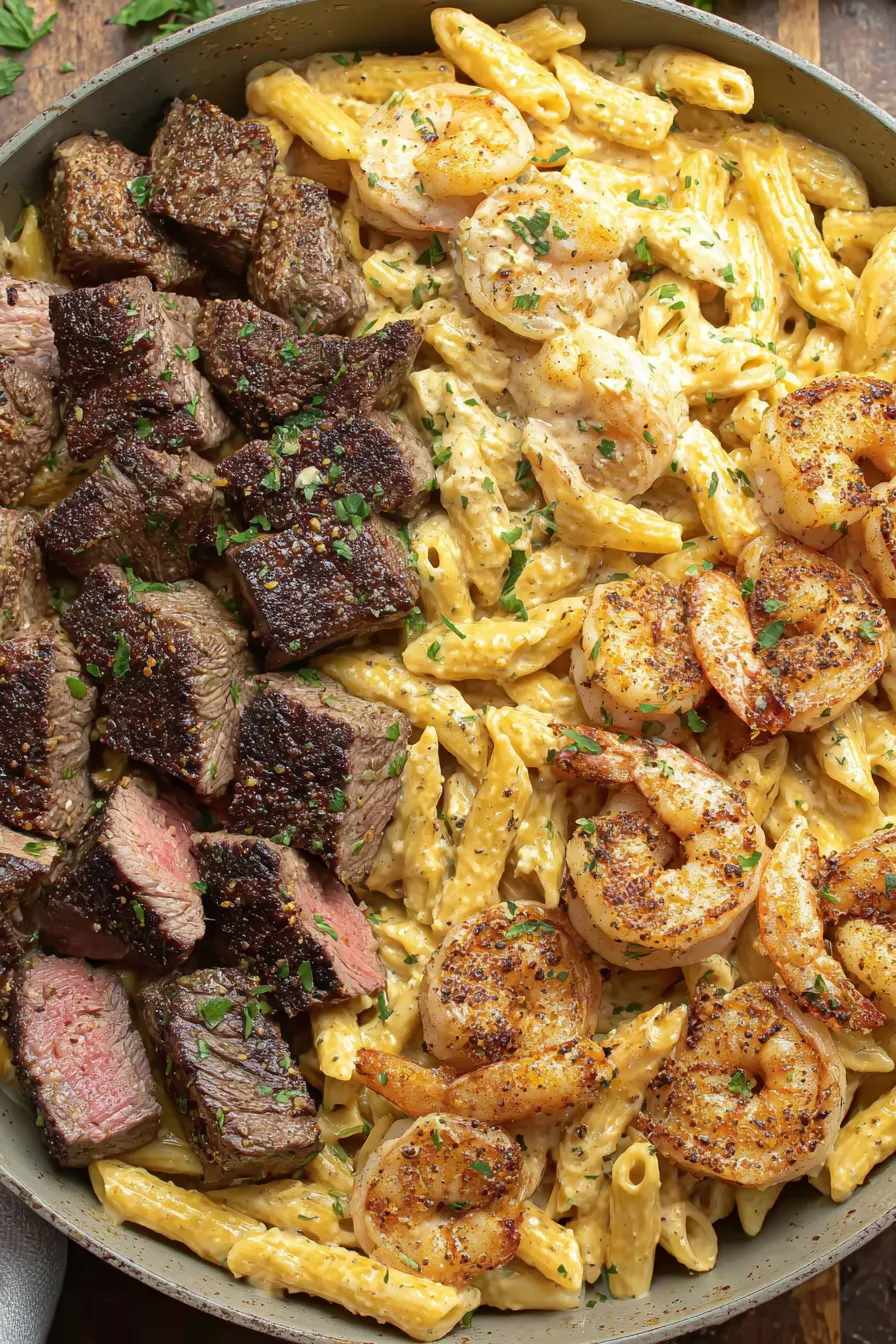 Blackened steak and shrimp over penne in creamy Alfredo sauce