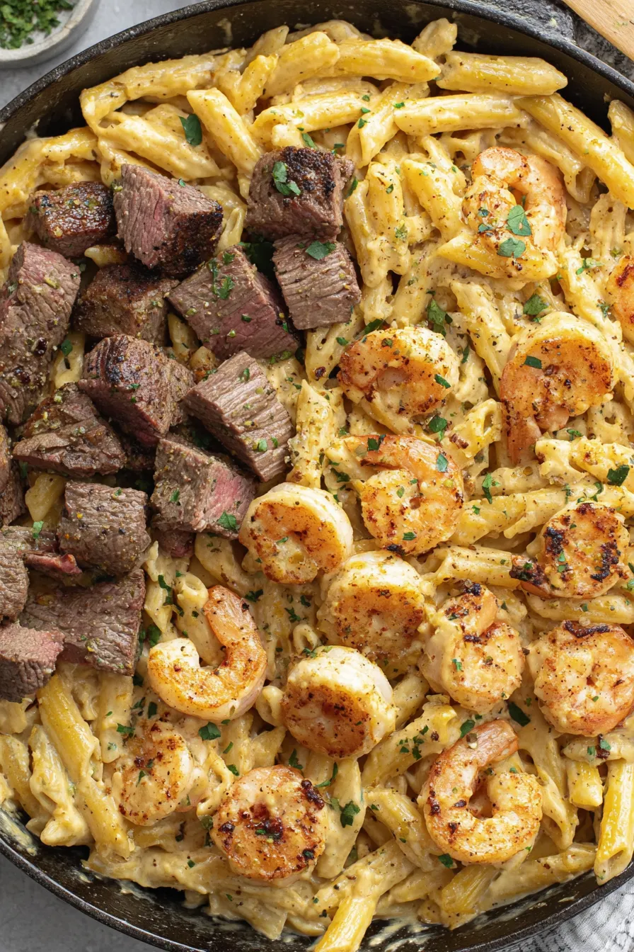 Close-up of creamy Alfredo with steak cubes and shrimp