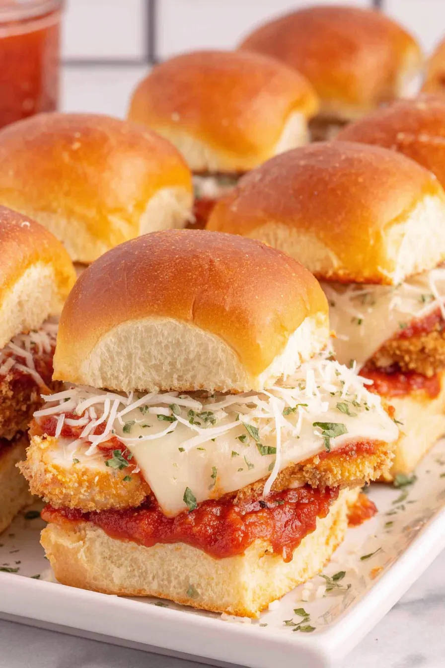 Close-up of melted mozzarella and parmesan on sliders
