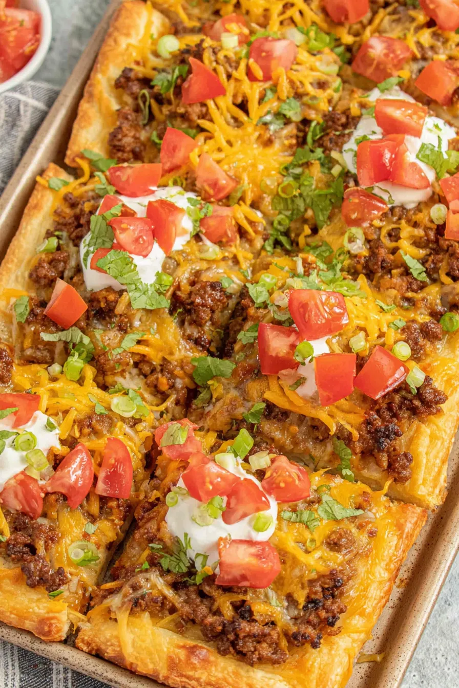 Sliced taco pizza with fresh toppings