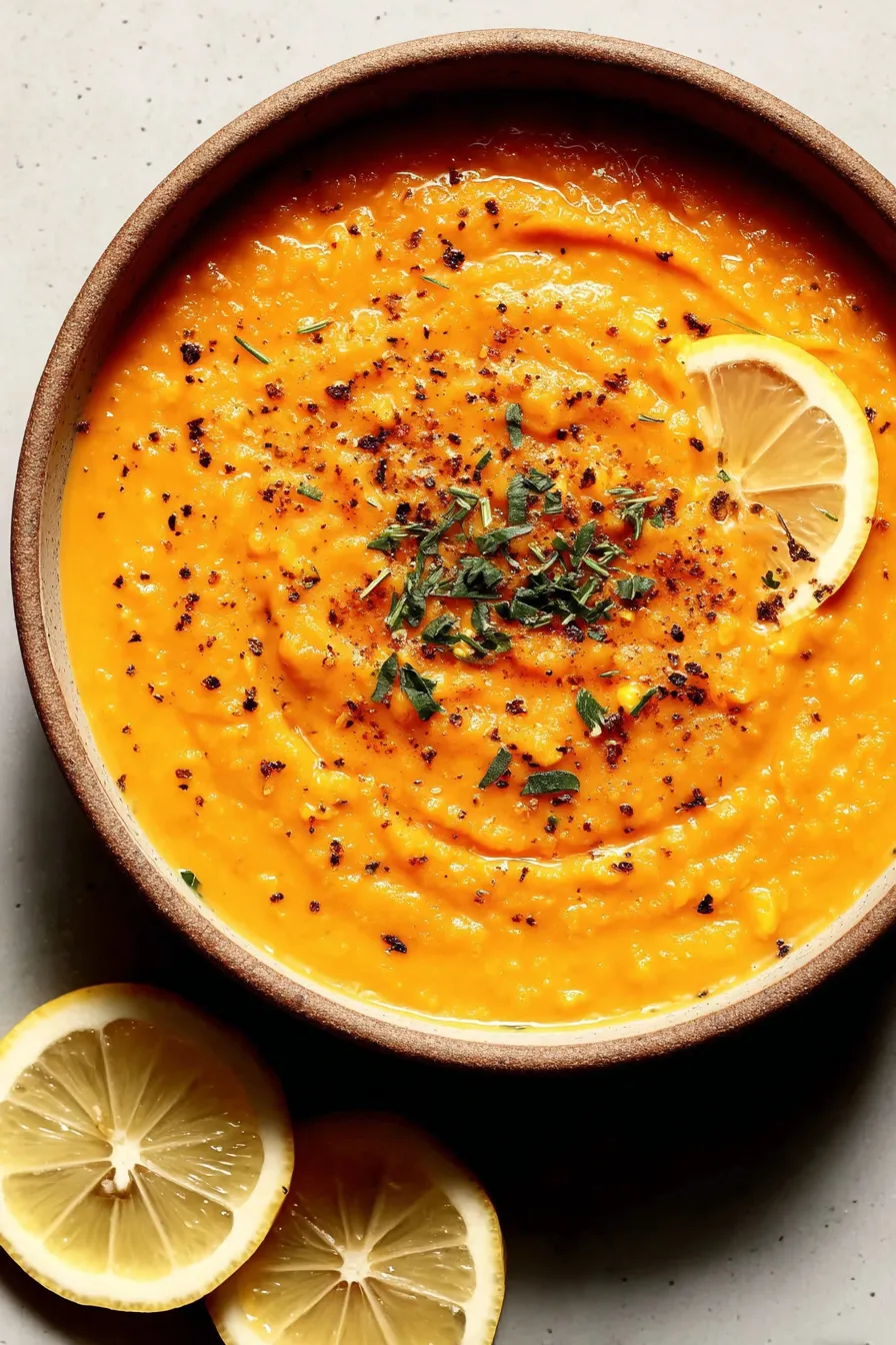 Bright bowl of lemon lentil soup garnished with lemon and herbs