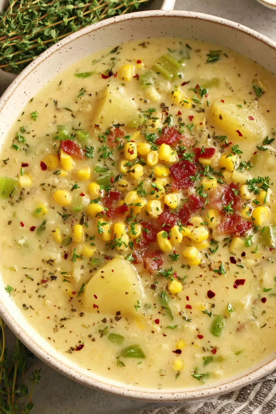 Creamy potato corn chowder in a bowl with parsley