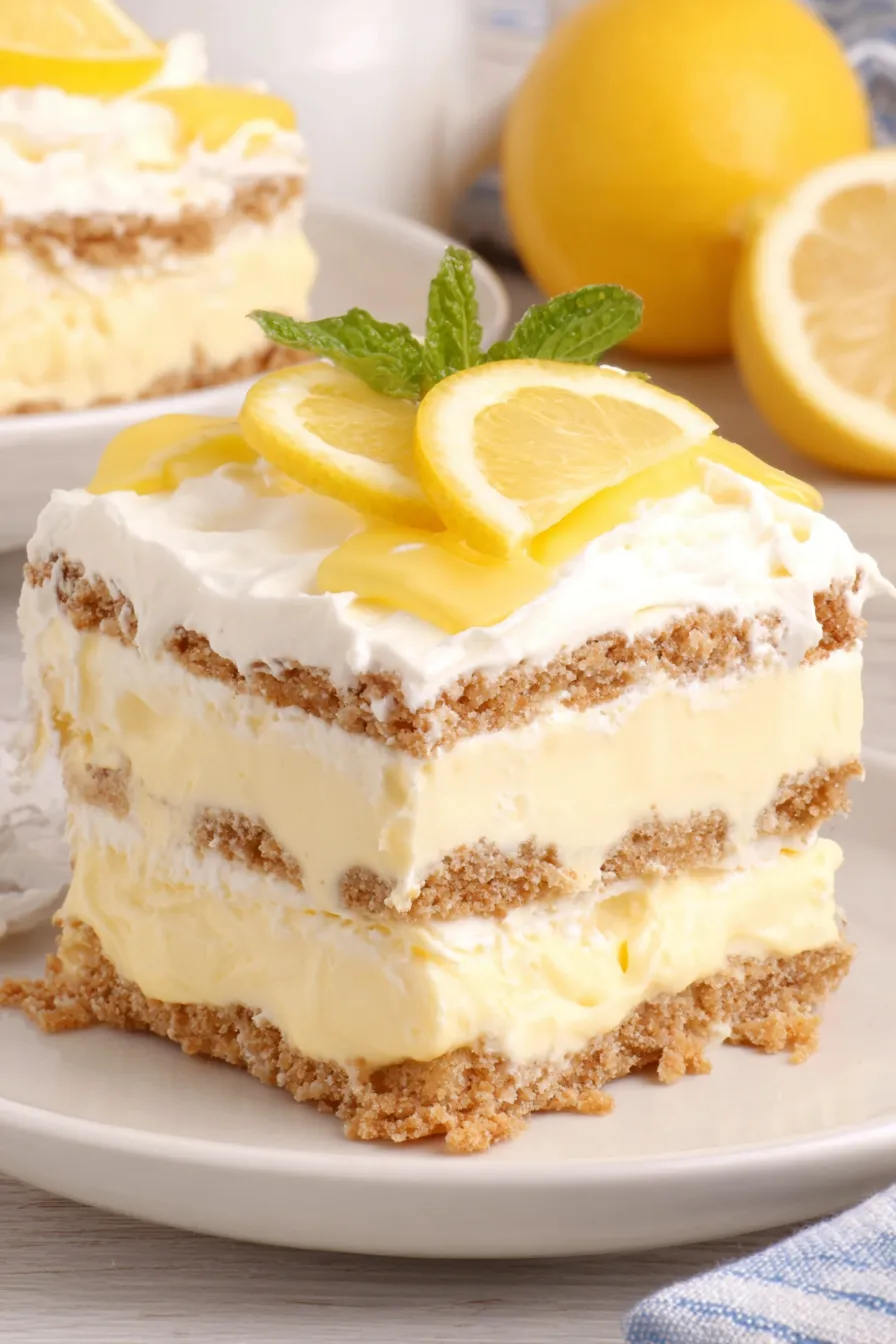 Layered lemon eclair cake with glossy frosting