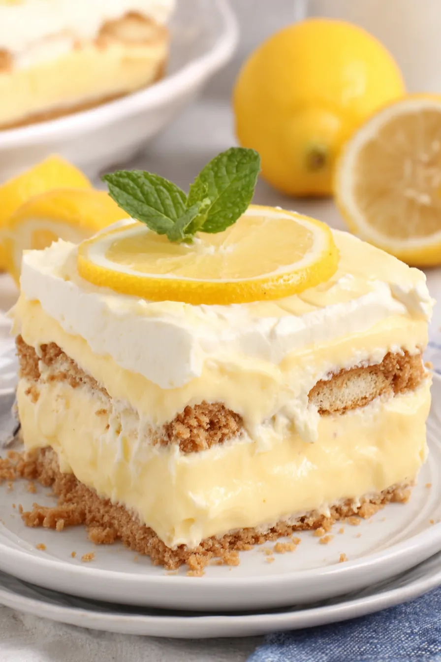 Sliced lemon eclair cake with mint garnish