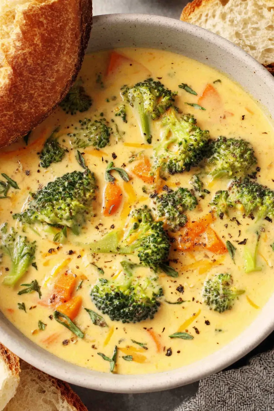 Pot of creamy broccoli cheddar soup with a wooden spoon