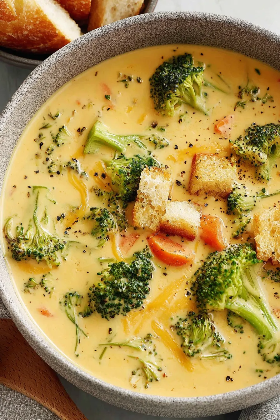 Bowls of broccoli cheddar soup with croutons and garnish