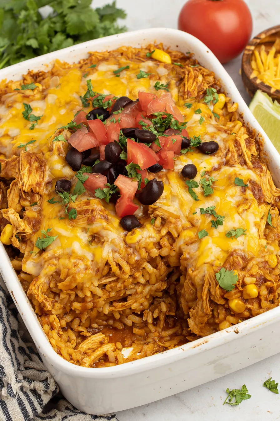 Close-up of a serving of chicken enchilada rice casserole plated with cilantro garnish
