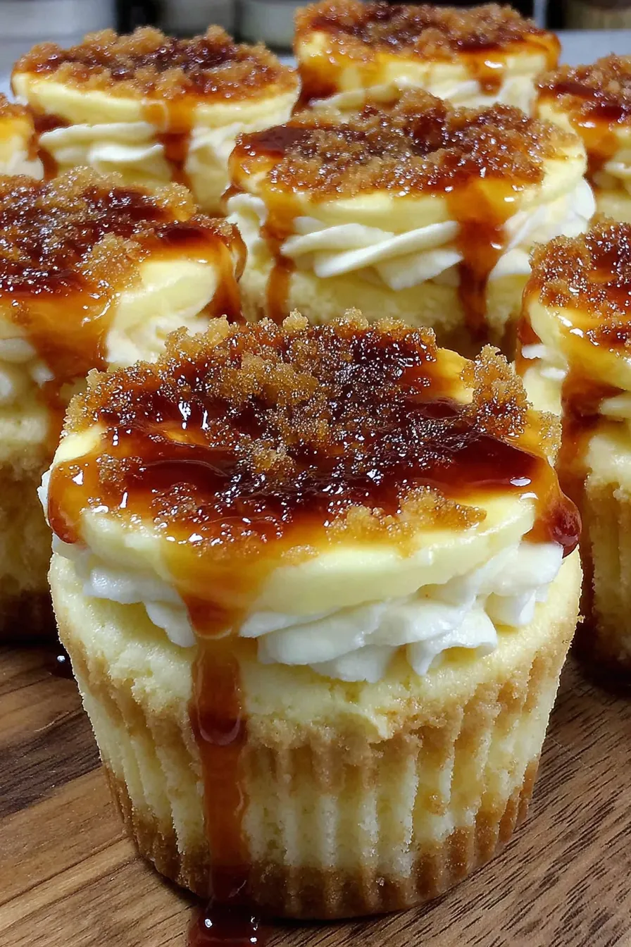 Tray of Vanilla Bean Crème Brûlée Cheesecake Cupcakes cooling on a rack