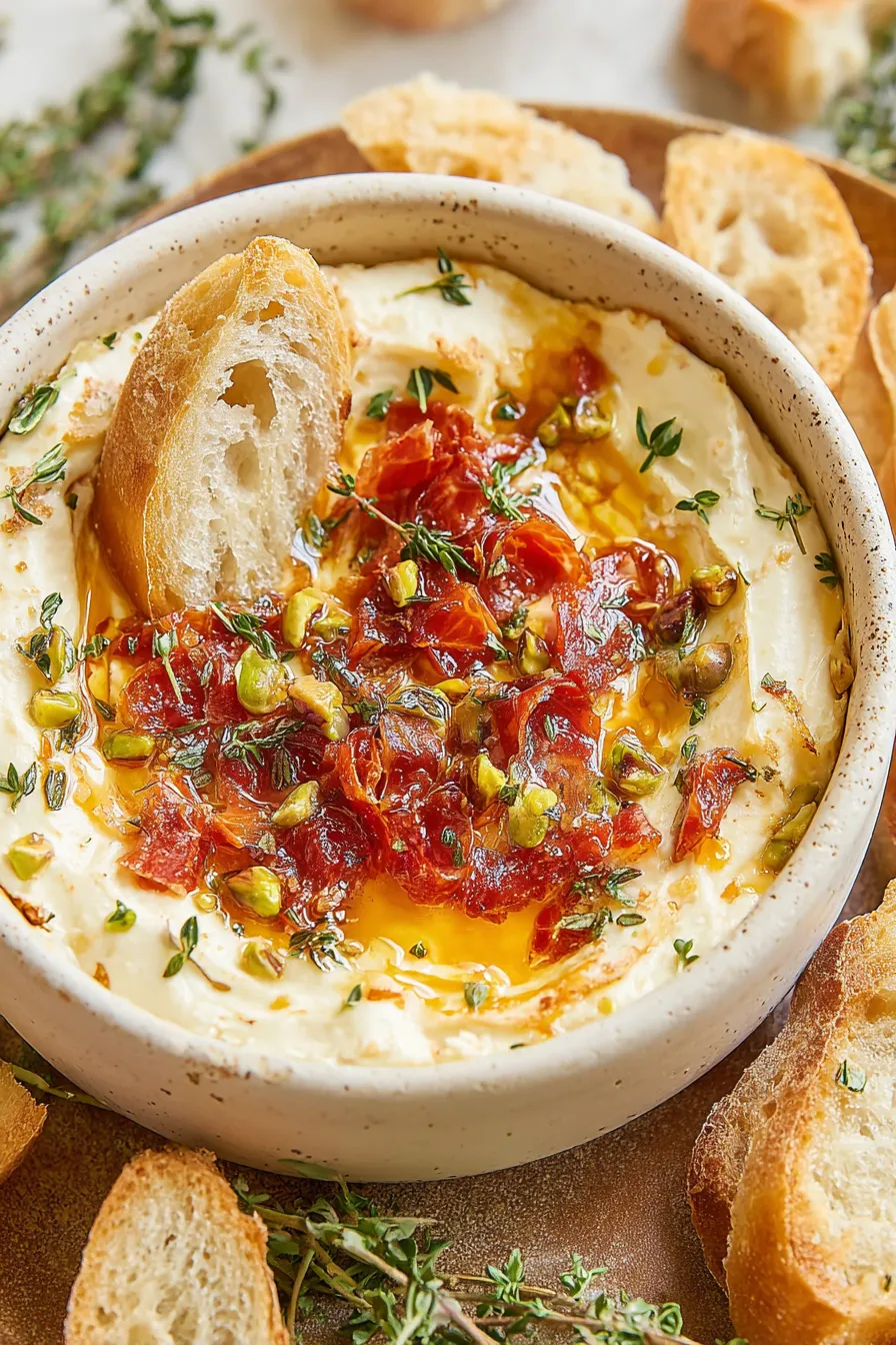 Whipped brie cheese dip topped with honey and pistachios