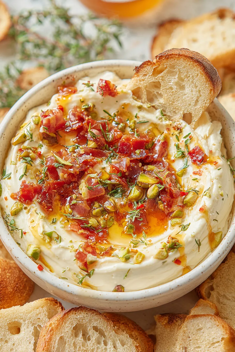 Close-up of toasted baguette with brie dip