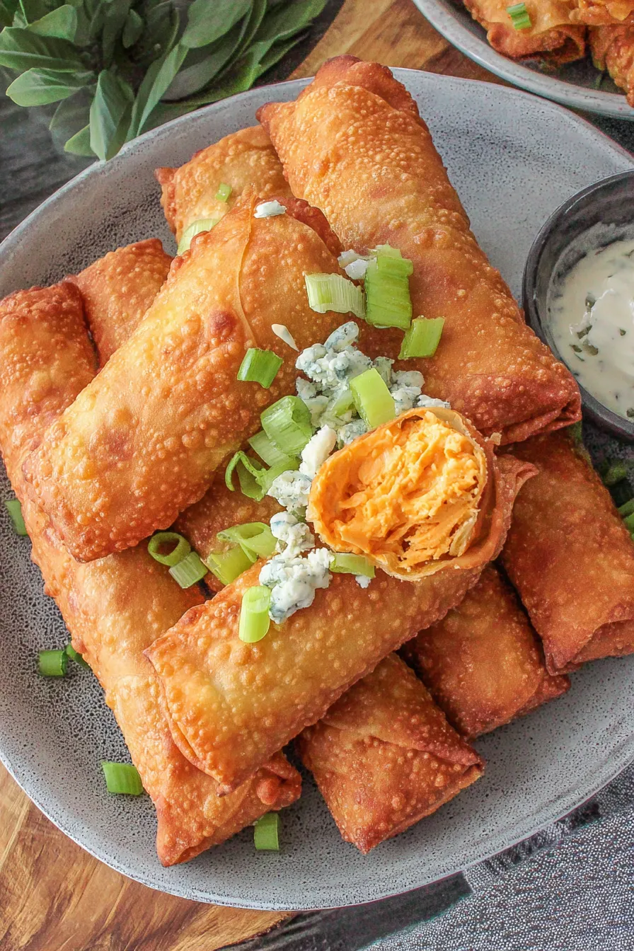 Frying golden buffalo chicken egg rolls in a skillet