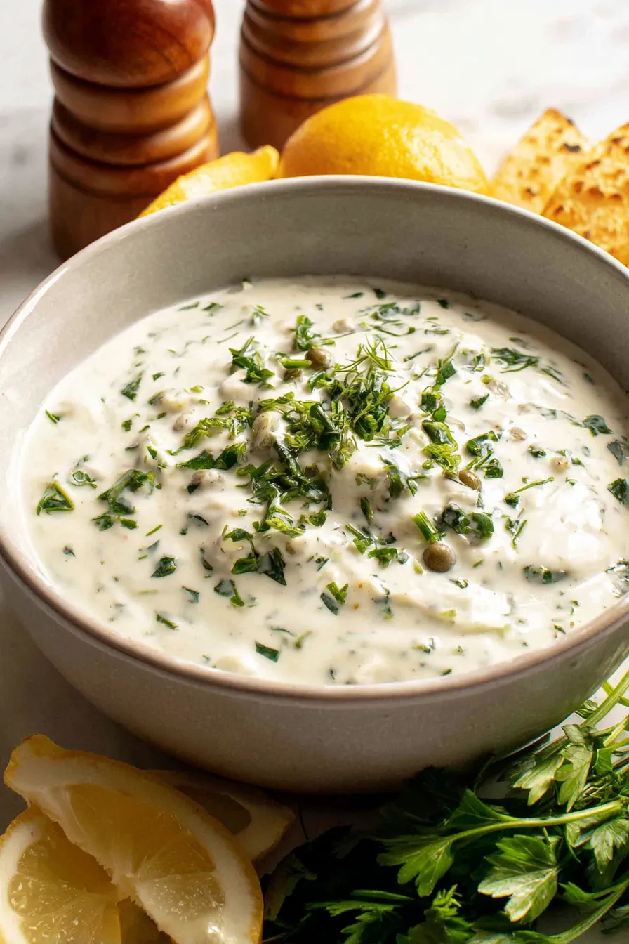 Tartar sauce served alongside fish and lemon wedges