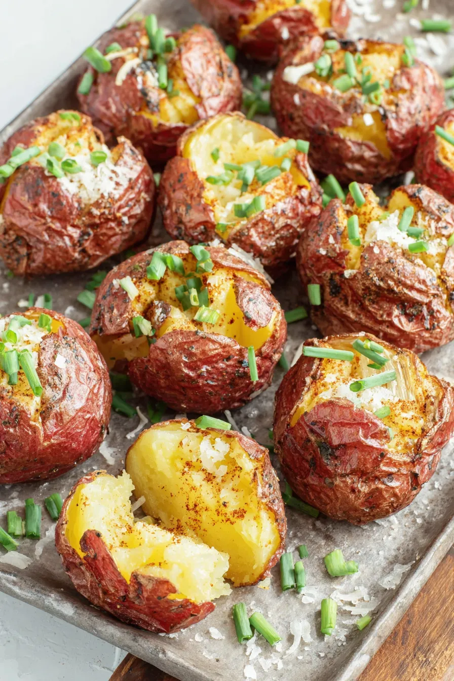 Smashed red potatoes on a baking sheet, golden and crisp