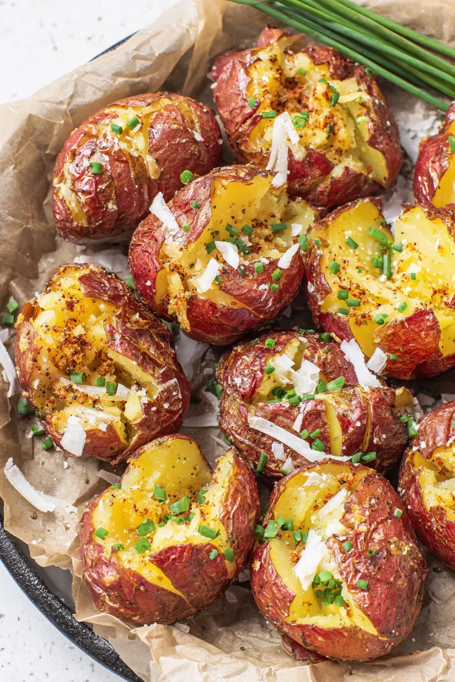 Close-up of smashed red potatoes with chives