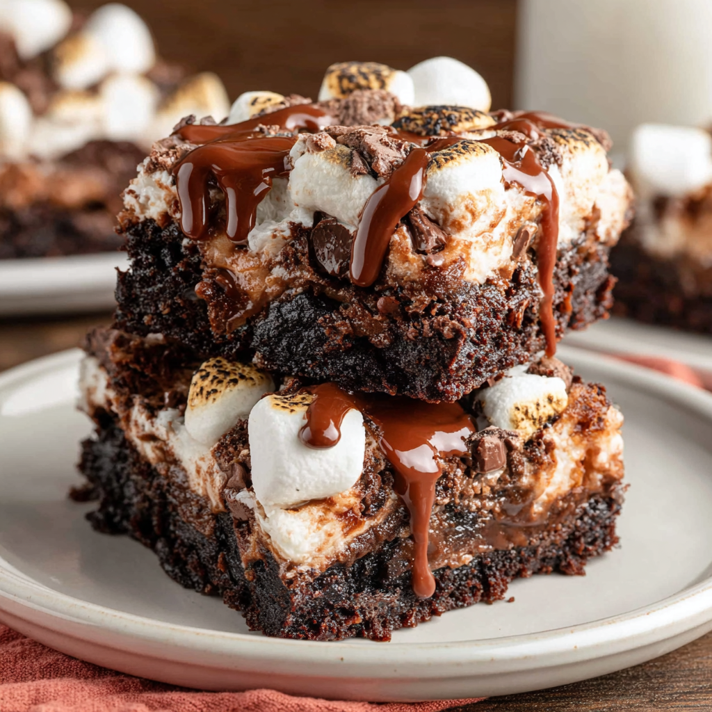 Close-up of marshmallow-topped brownies with shiny cocoa icing