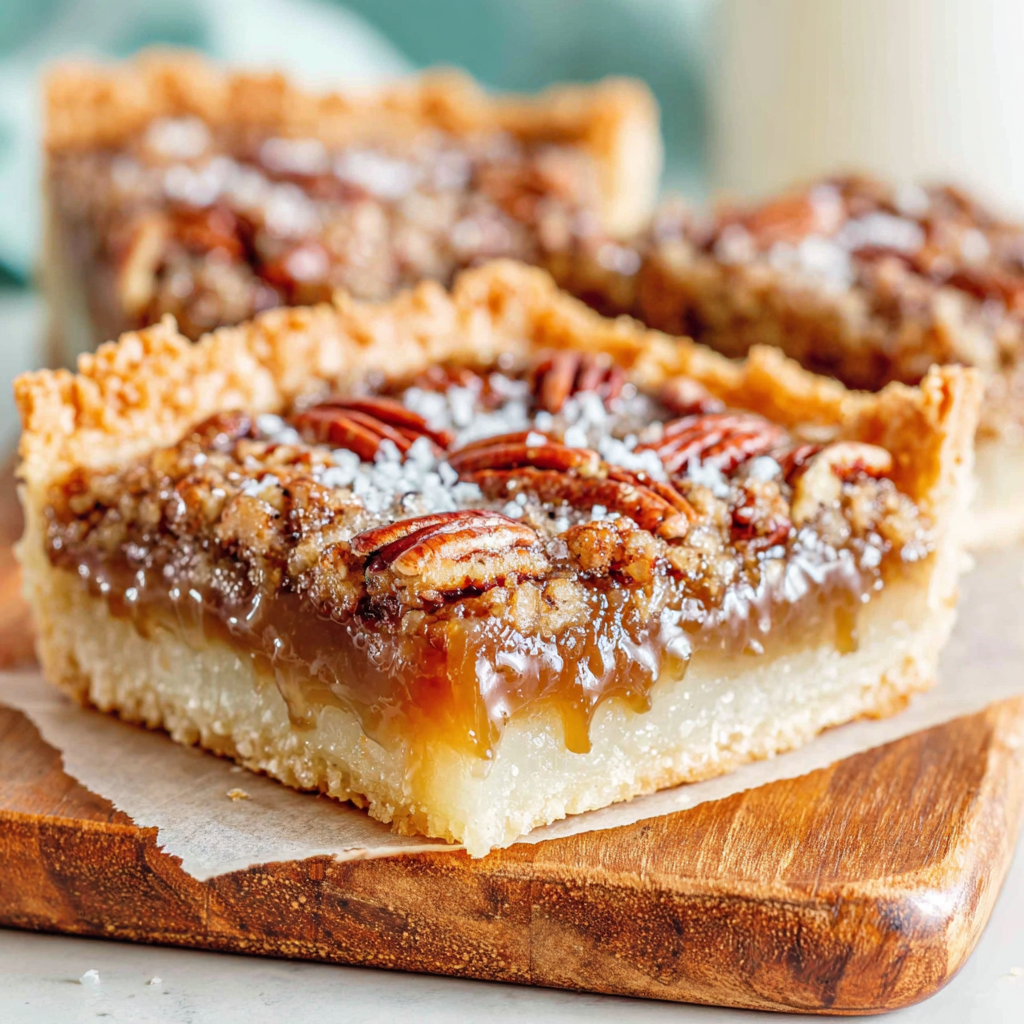 Sliced pecan pie bars on a cutting board with crumbly shortbread edges