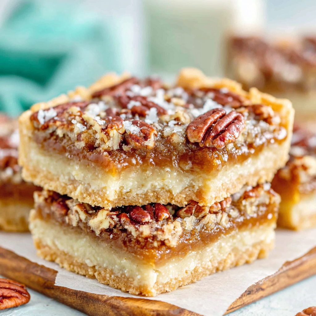 A stack of pecan pie bars showing layers of shortbread crust and glossy pecan filling
