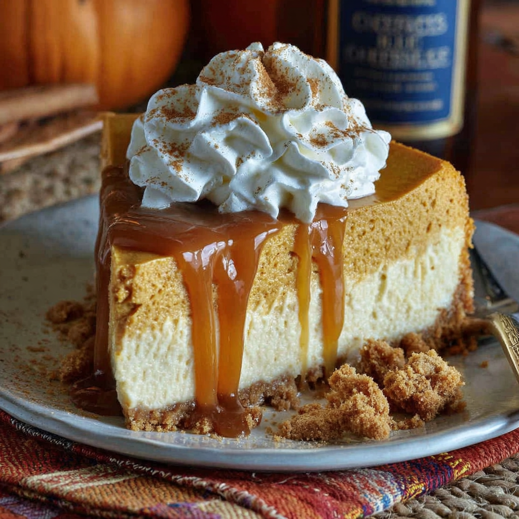 Pumpkin cheesecake slice on plate with fork