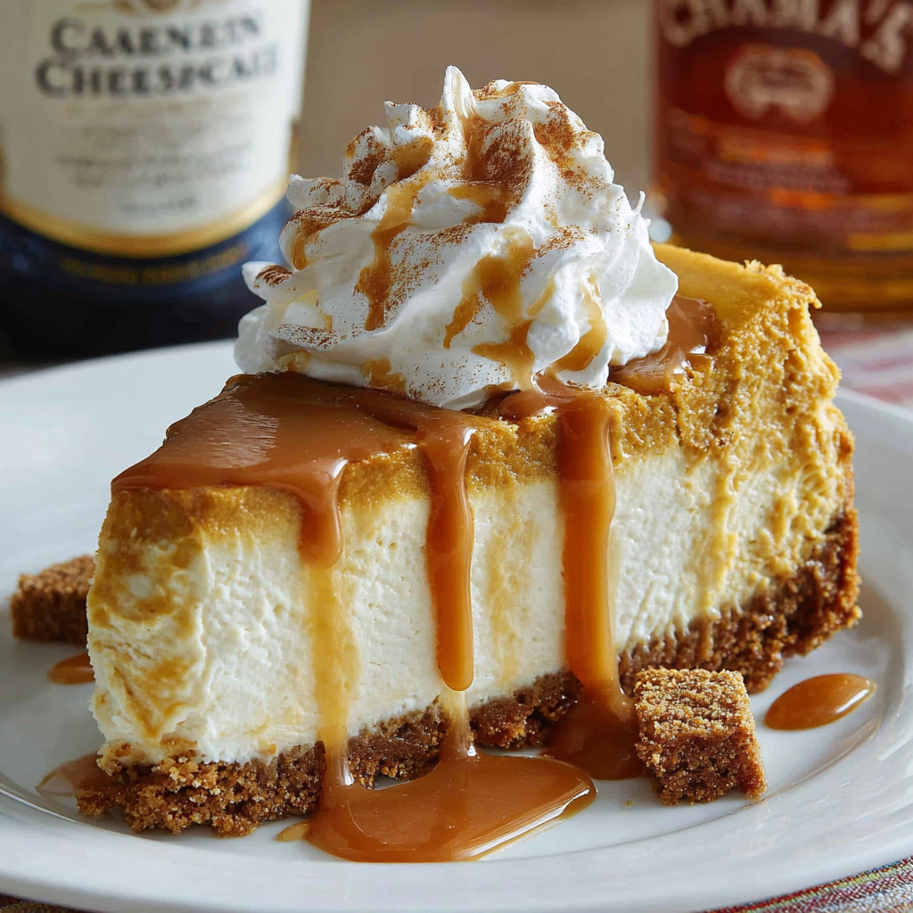 Whole pumpkin cheesecake on stand with caramel drizzle