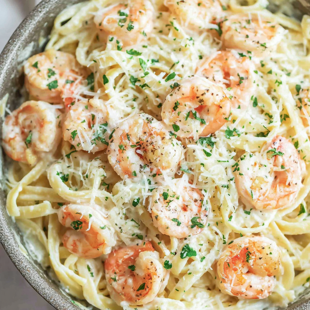 Ingredients for creamy shrimp Alfredo pasta measured and arranged on a board