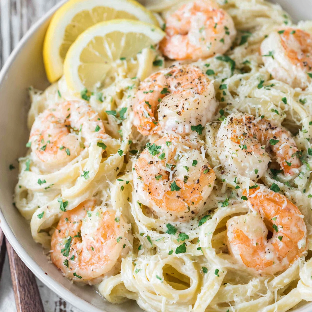 Bowl of shrimp Alfredo pasta topped with parsley and Parmesan