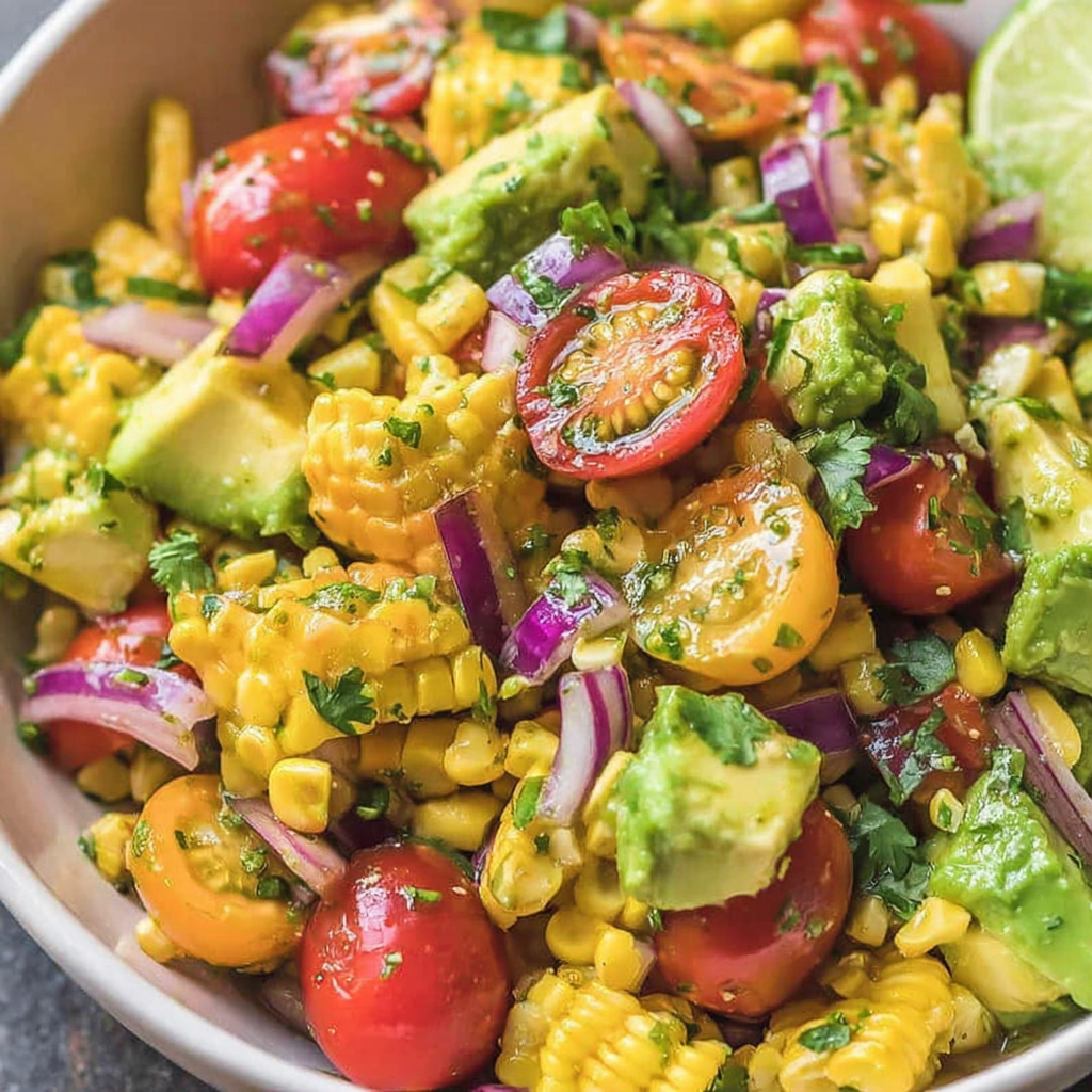 Close-up of avocado corn salad with cherry tomatoes and red onion