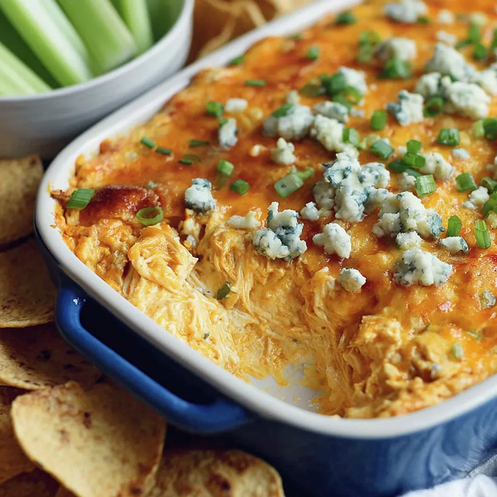 Baked Buffalo chicken dip bubbling in a dish