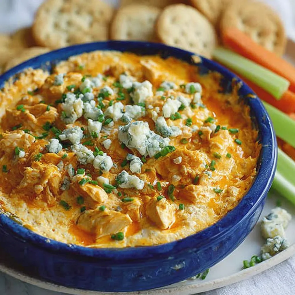 Close-up of dip topped with blue cheese and chives