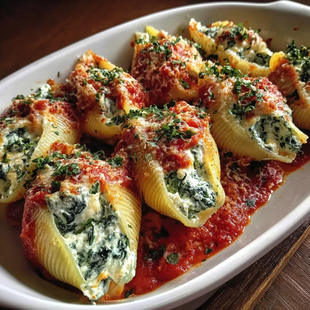 Filled jumbo shells in a baking dish