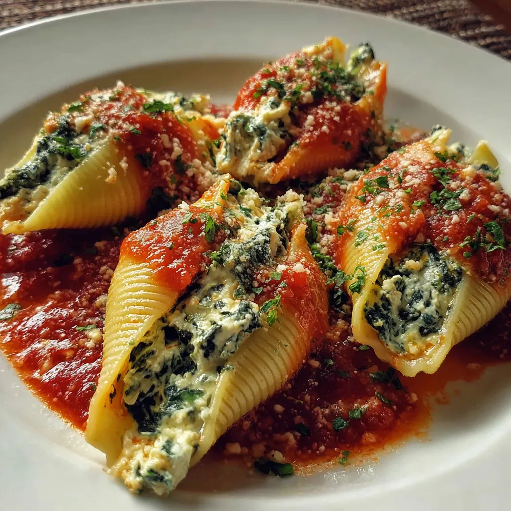 Close-up of cheesy baked stuffed shells