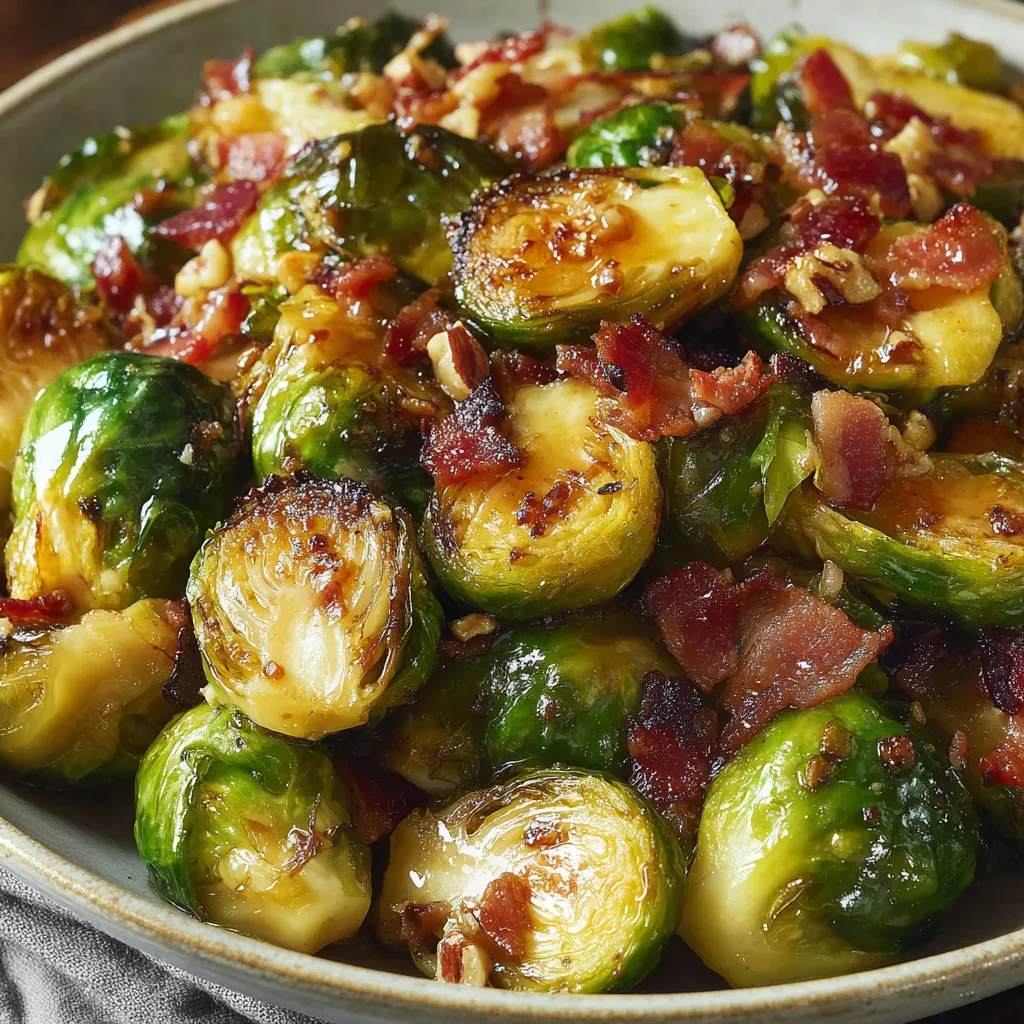 Roasted Brussels sprouts and bacon on a baking sheet