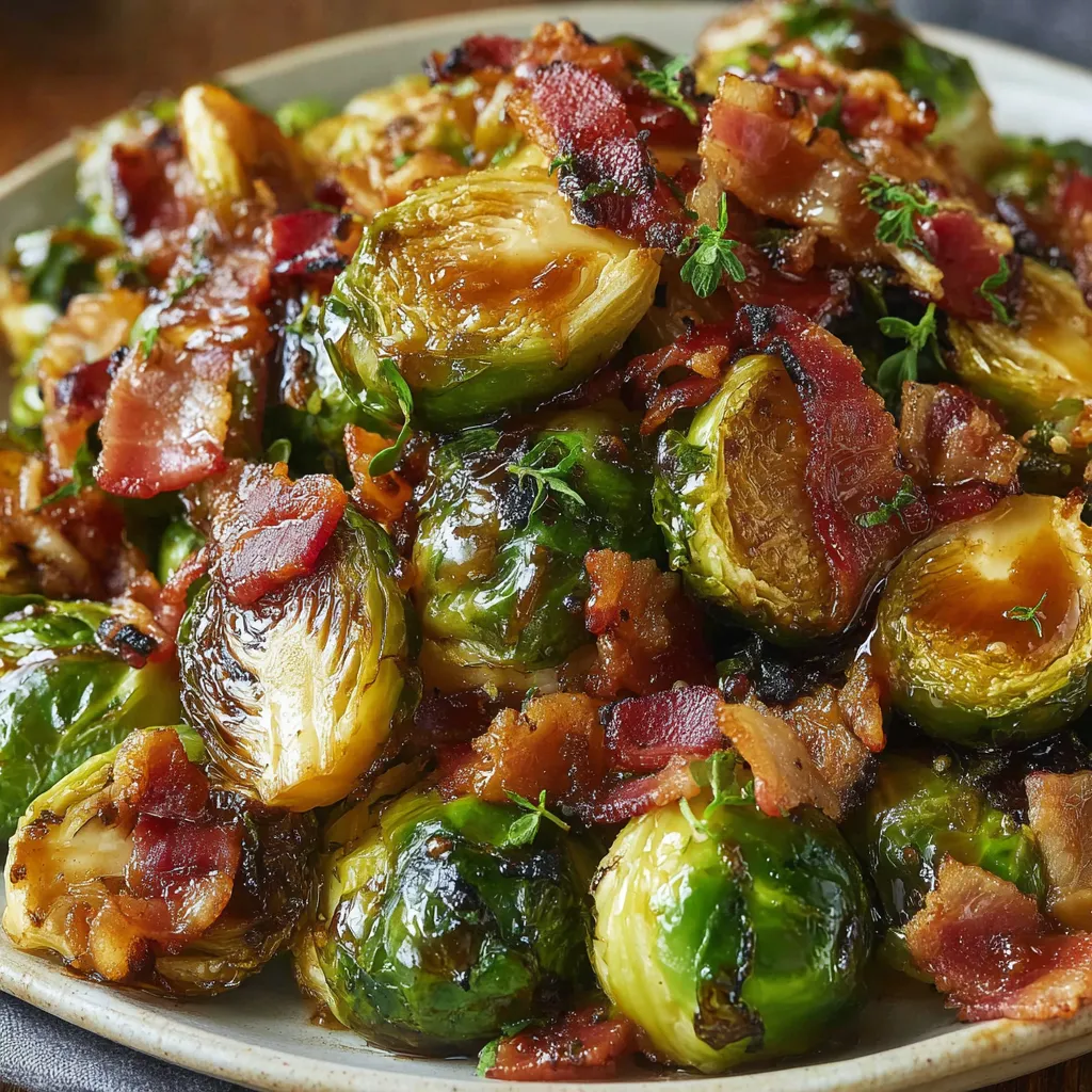Close-up of glazed Brussels sprouts with bacon